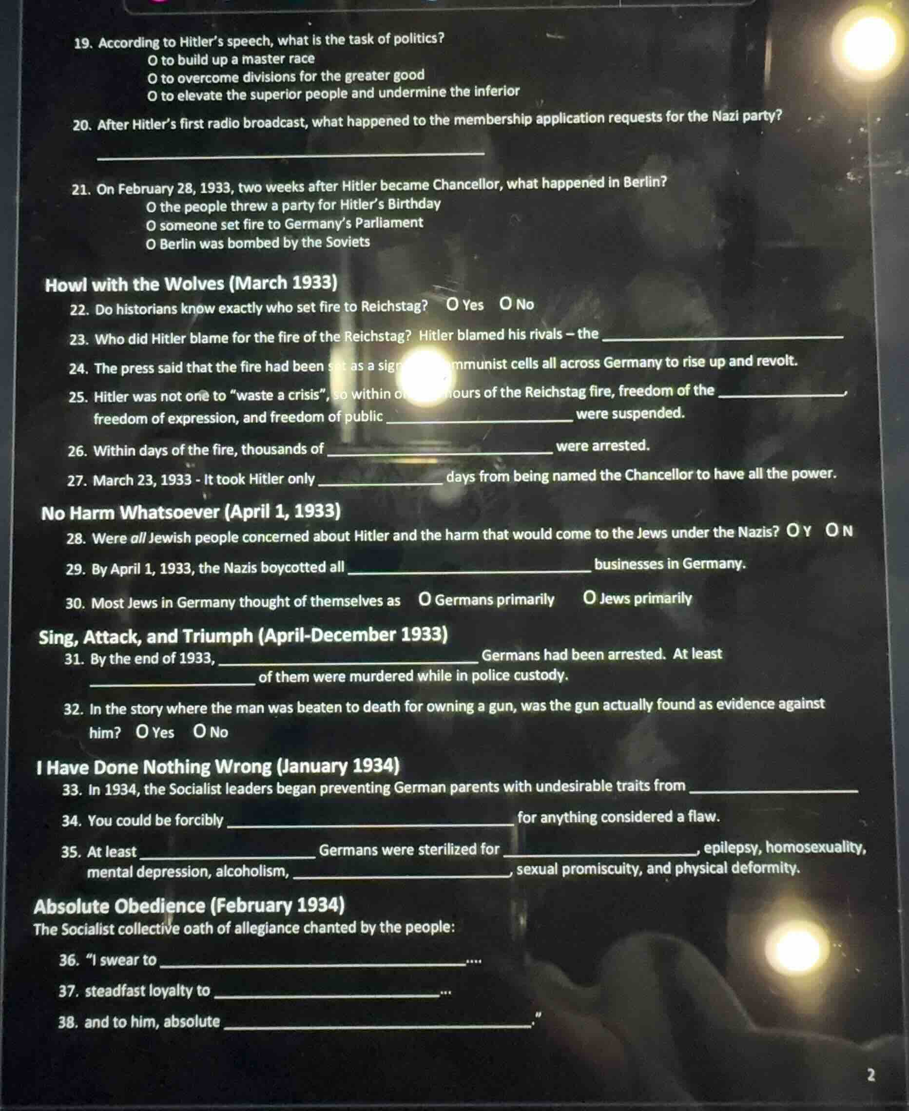 19. according to hitler’s speech, what is the task of politics? o to bu…