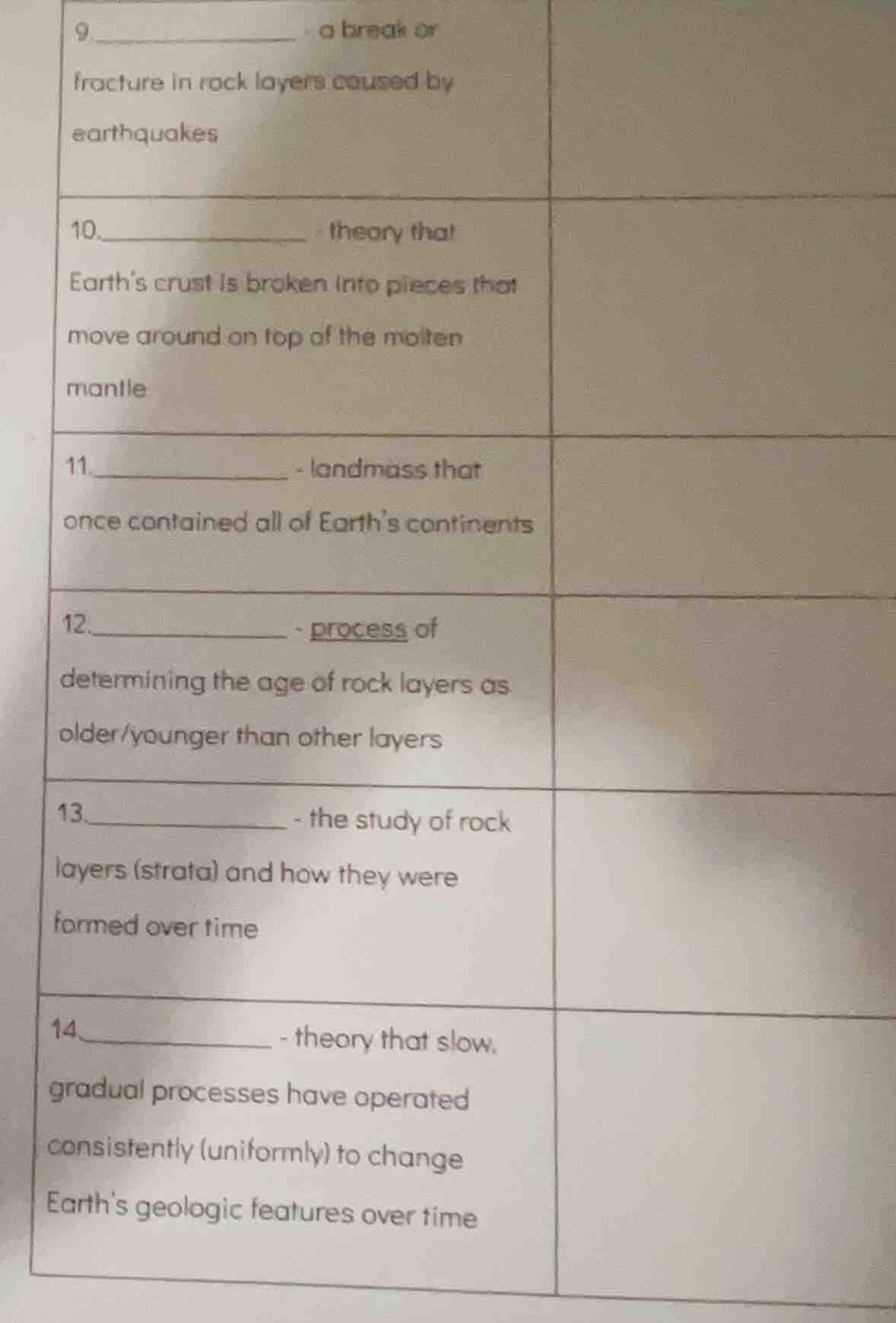 9. _________ - a break or fracture in rock layers caused by earthquakes…