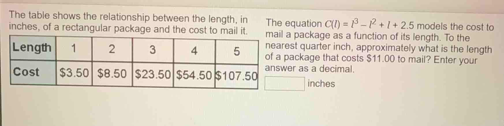 the table shows the relationship between the length, in inches, of a re…