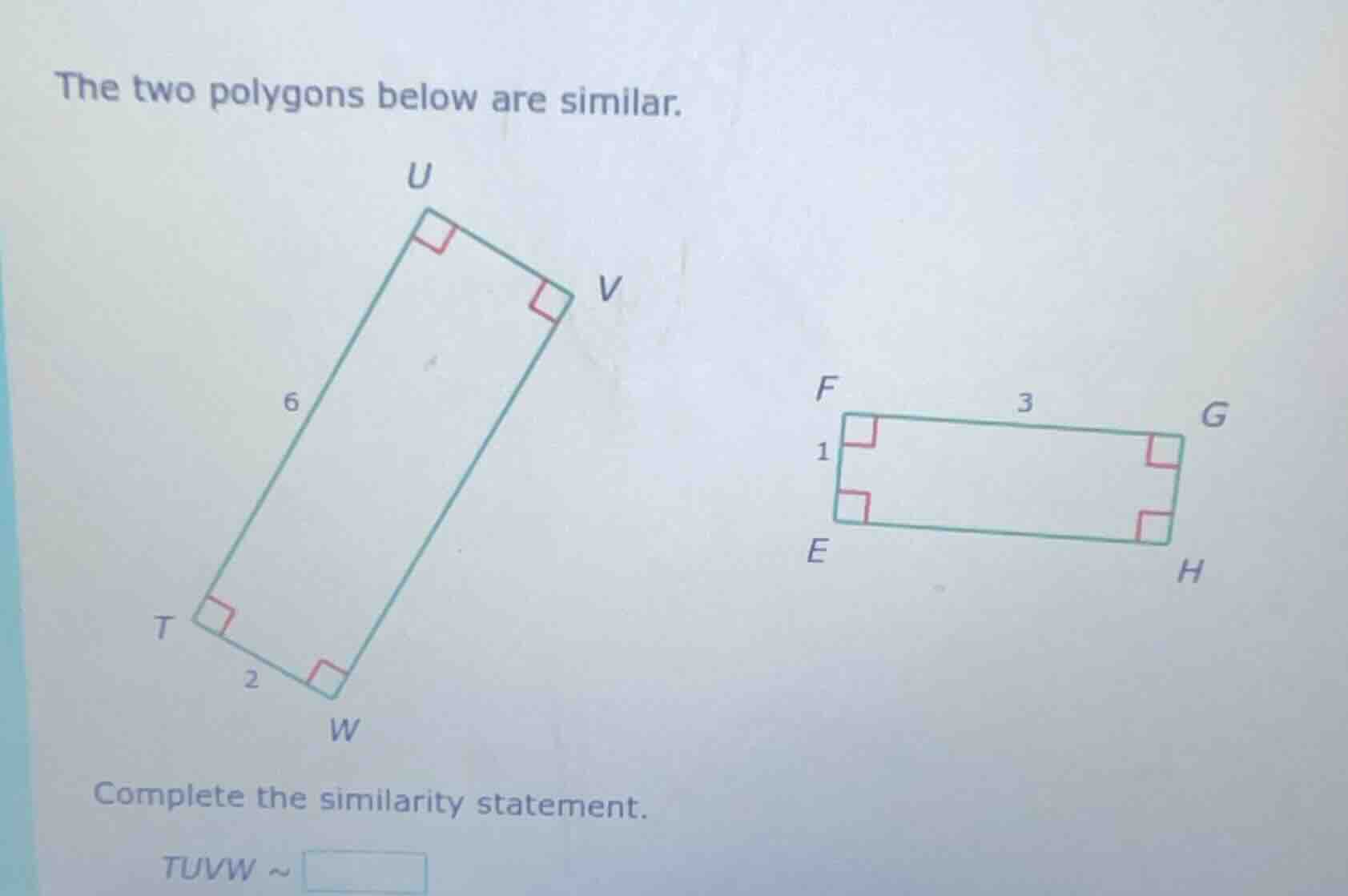 the two polygons below are similar. complete the similarity statement. …