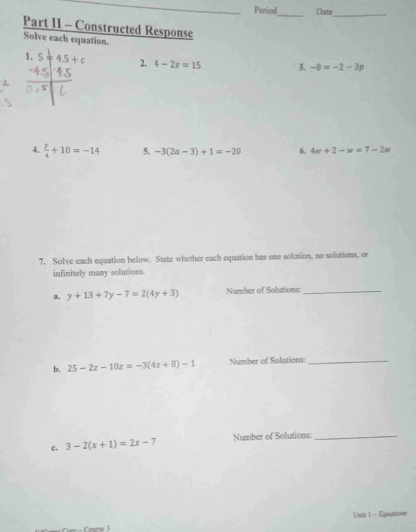 part ii – constructed response solve each equation. 1. $5 = 4.5 + c$ 2.…