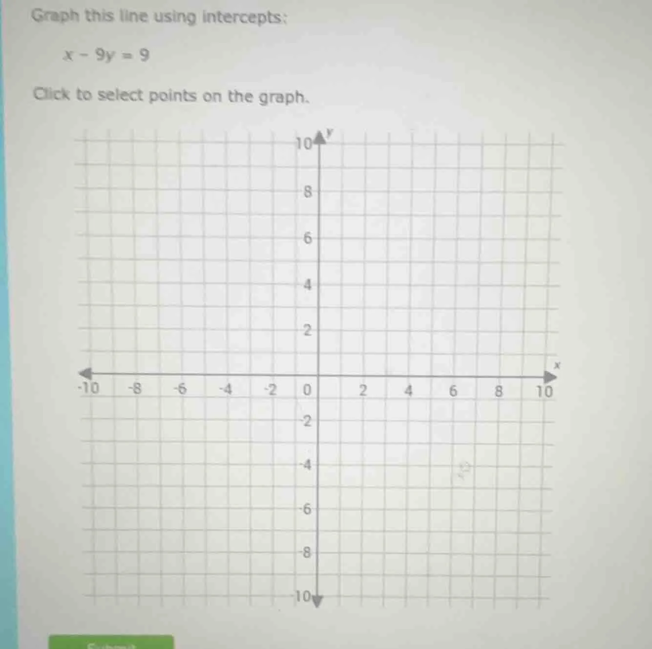 graph this line using intercepts: x - 9y = 9 click to select points on …