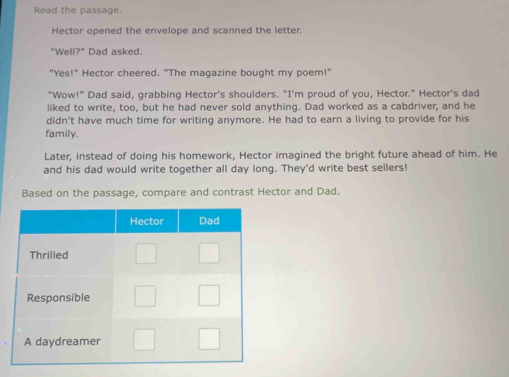 read the passage. hector opened the envelope and scanned the letter. \w…