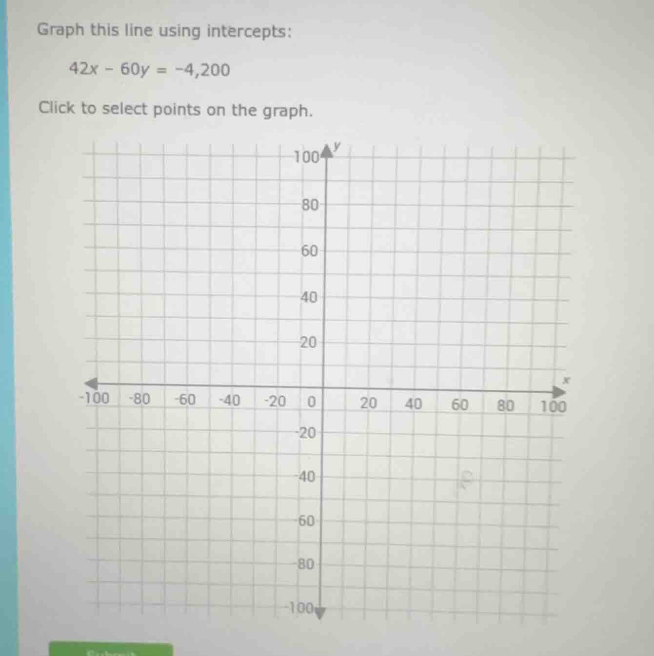 graph this line using intercepts: 42x - 60y = -4,200 click to select po…