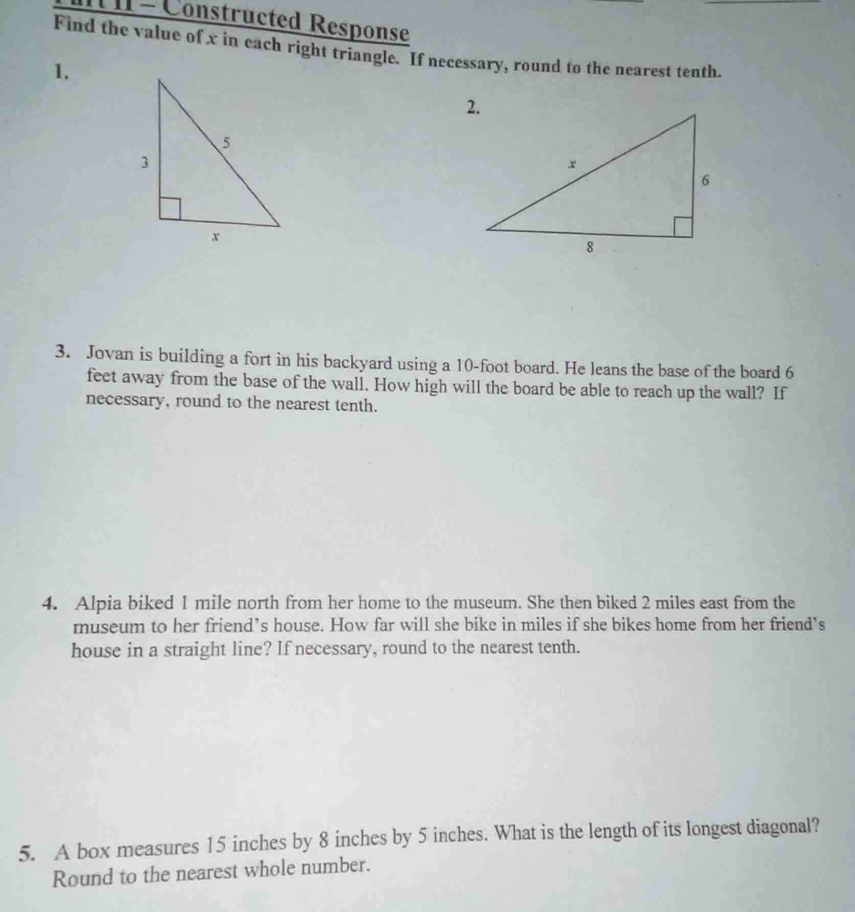 part ii - constructed response find the value of x in each right triang…