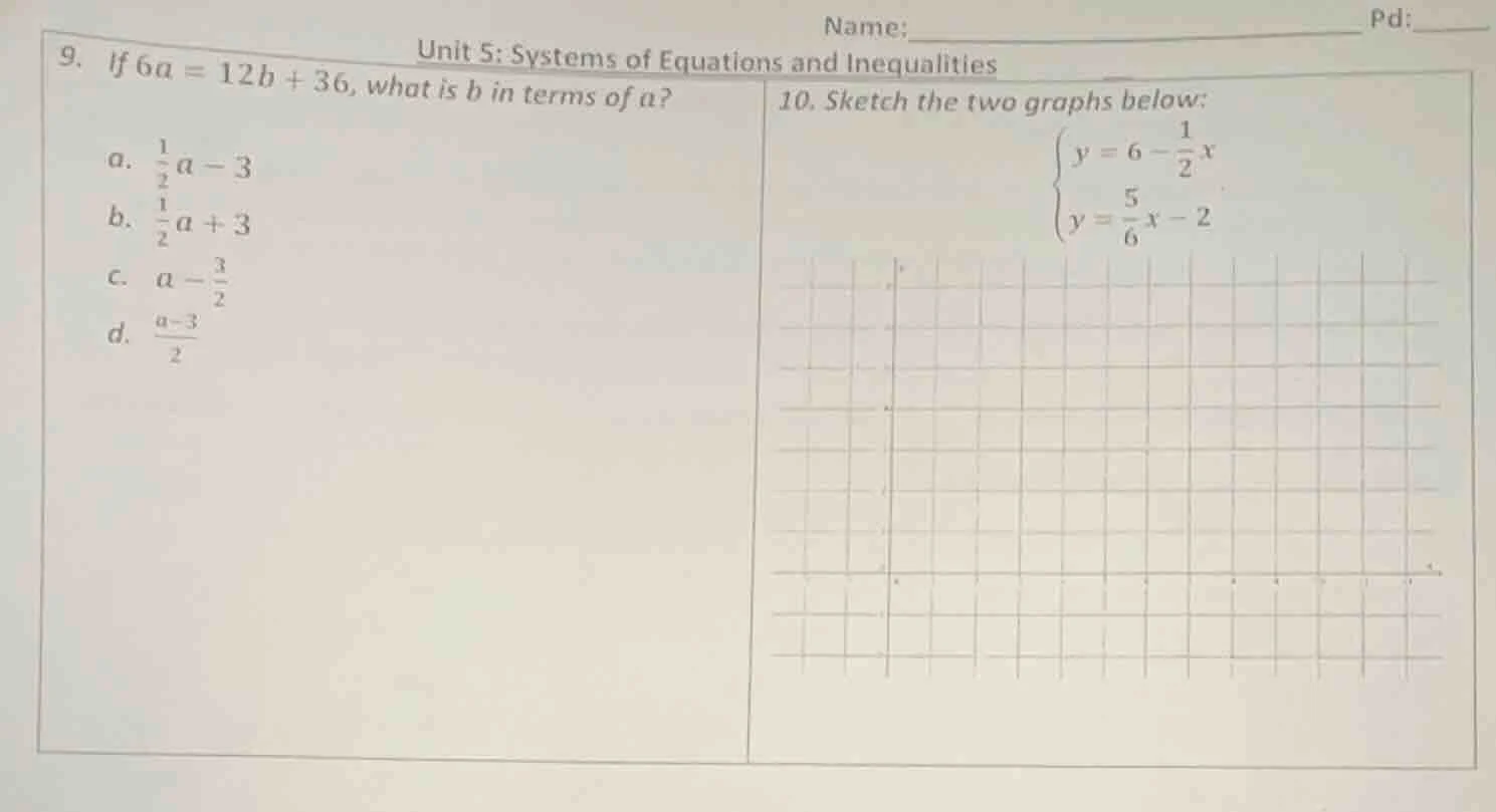 unit 5: systems of equations and inequalities name: pd: 9. if $6a = 12b…