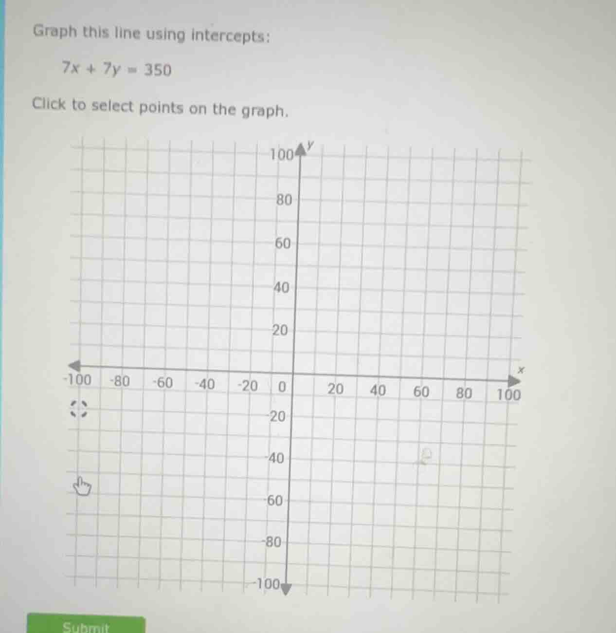 graph this line using intercepts: 7x + 7y = 350 click to select points …