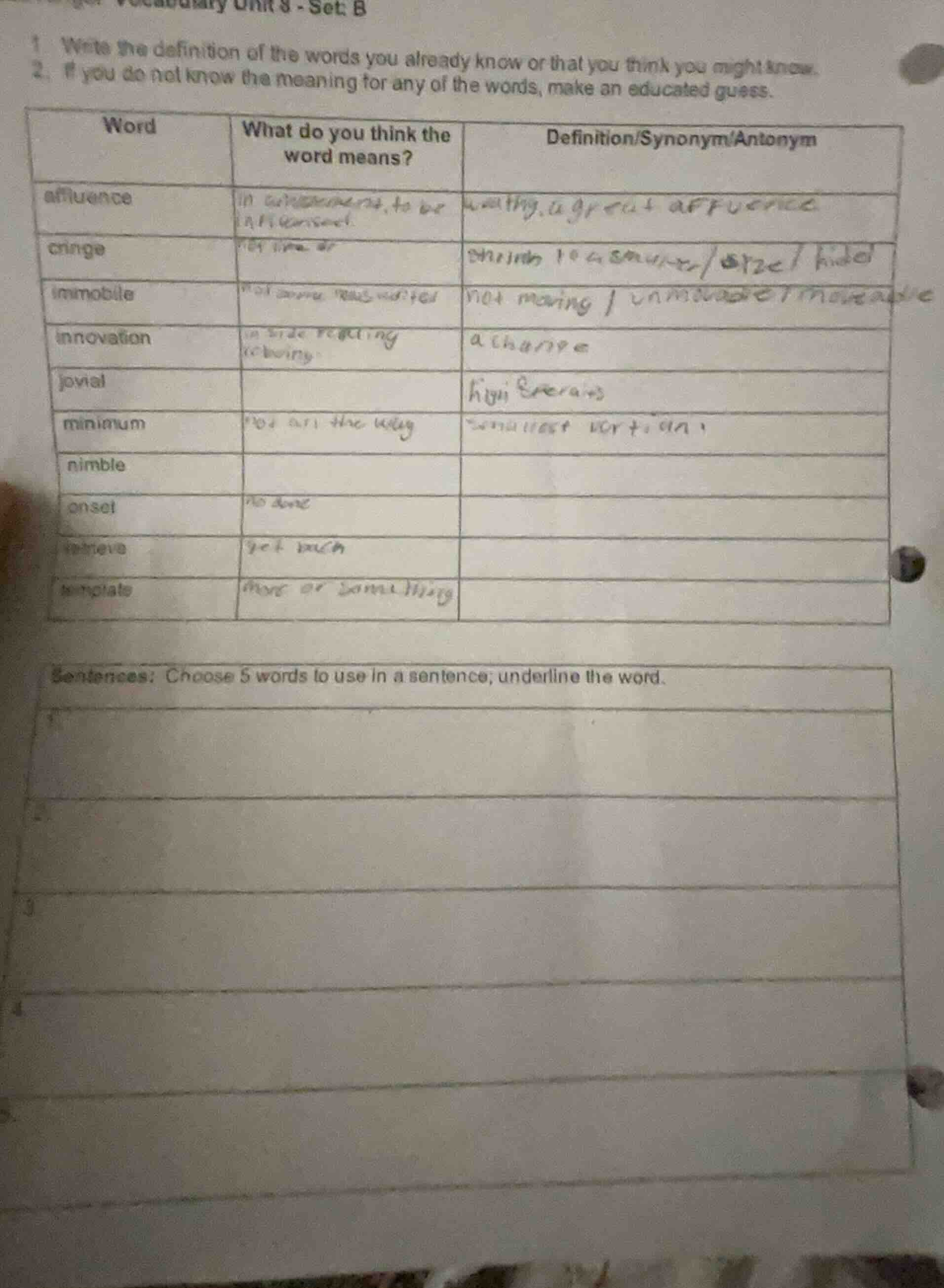 vocabulary unit 8 - set b 1. write the definition of the words you alre…