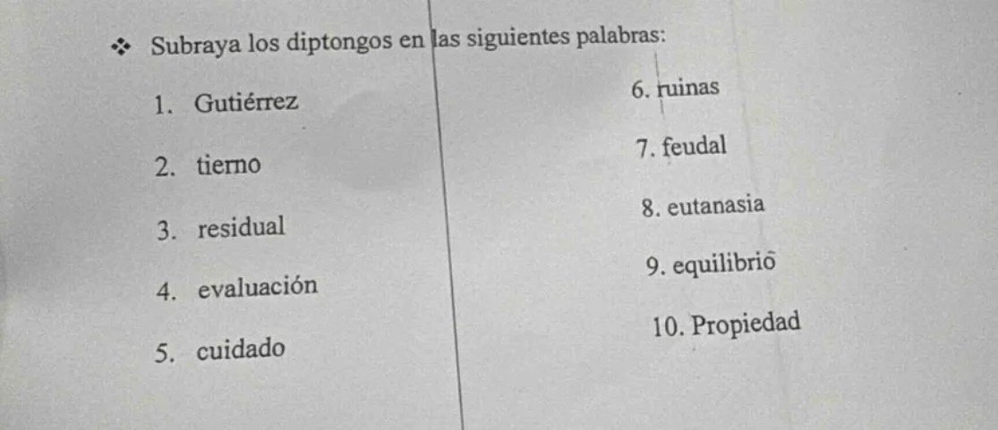 subraya los diptongos en las siguientes palabras: 1. gutiérrez 2. tiern…
