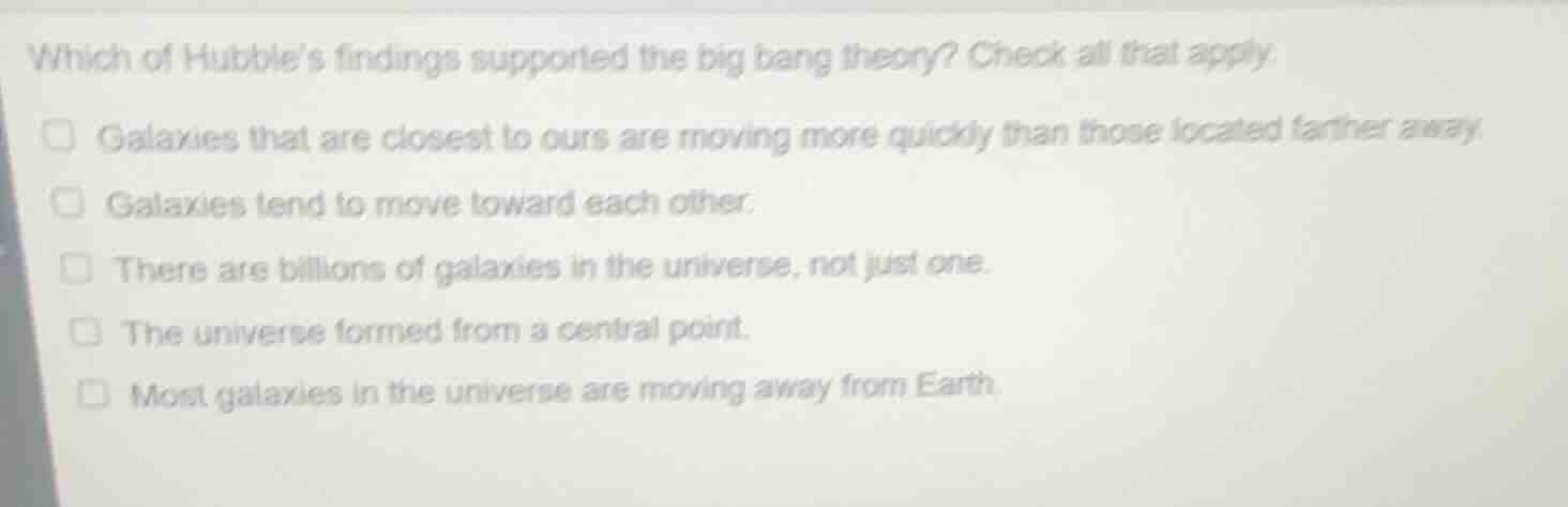 which of hubble’s findings supported the big bang theory? check all tha…