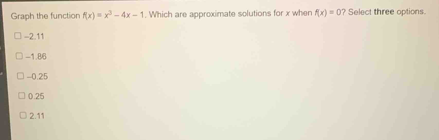 graph the function $f(x) = x^3 - 4x - 1$. which are approximate solutio…
