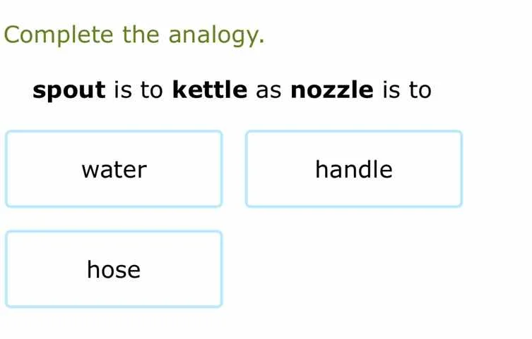 complete the analogy. spout is to kettle as nozzle is to water handle h…
