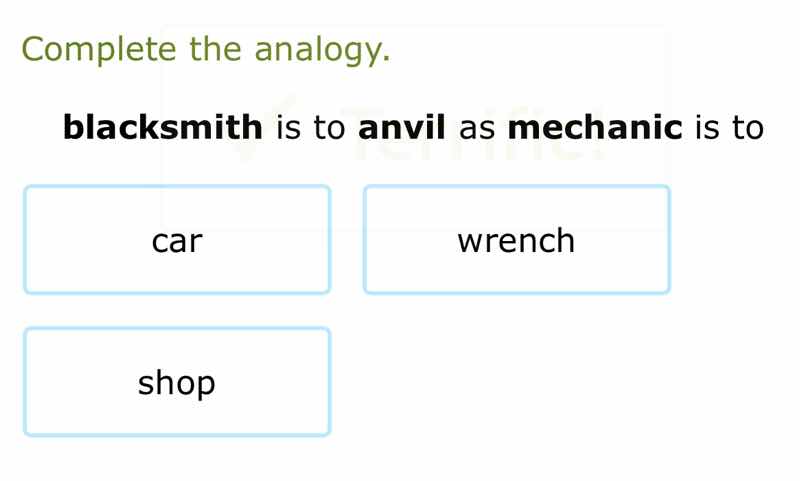 complete the analogy. blacksmith is to anvil as mechanic is to car wren…