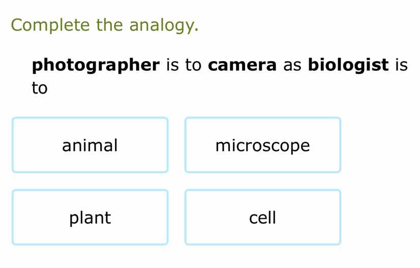 complete the analogy. photographer is to camera as biologist is to anim…