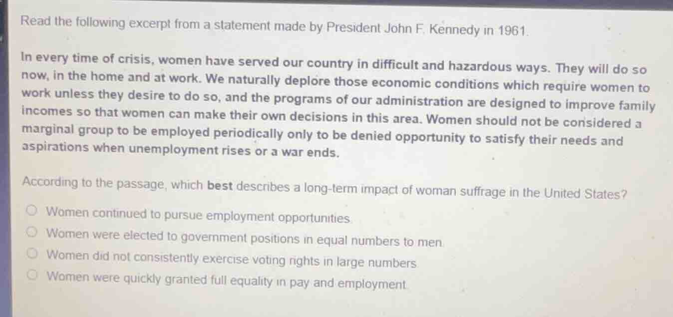 read the following excerpt from a statement made by president john f. k…