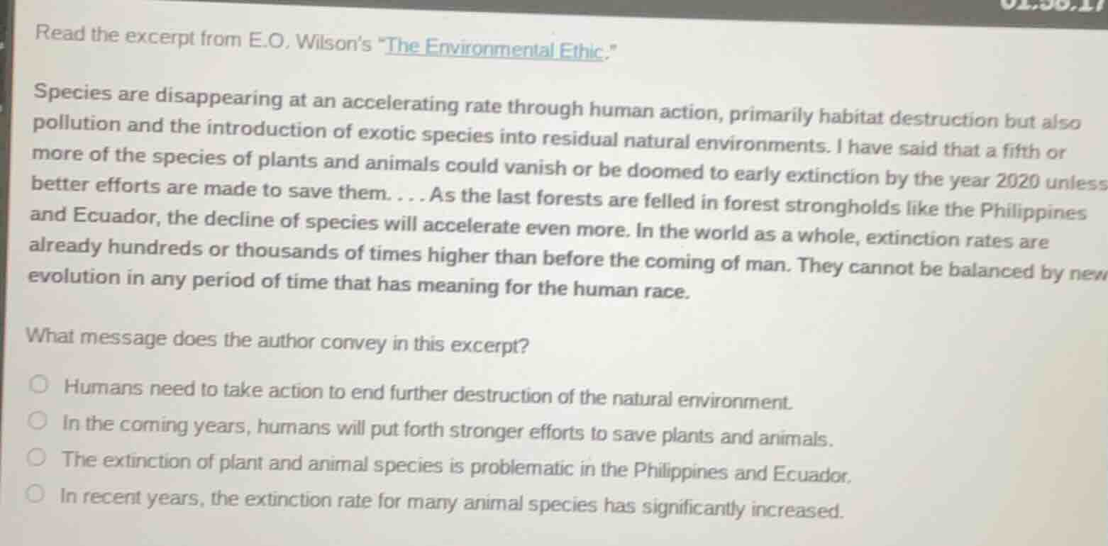 read the excerpt from e.o. wilson’s \the environmental ethic.\ species …