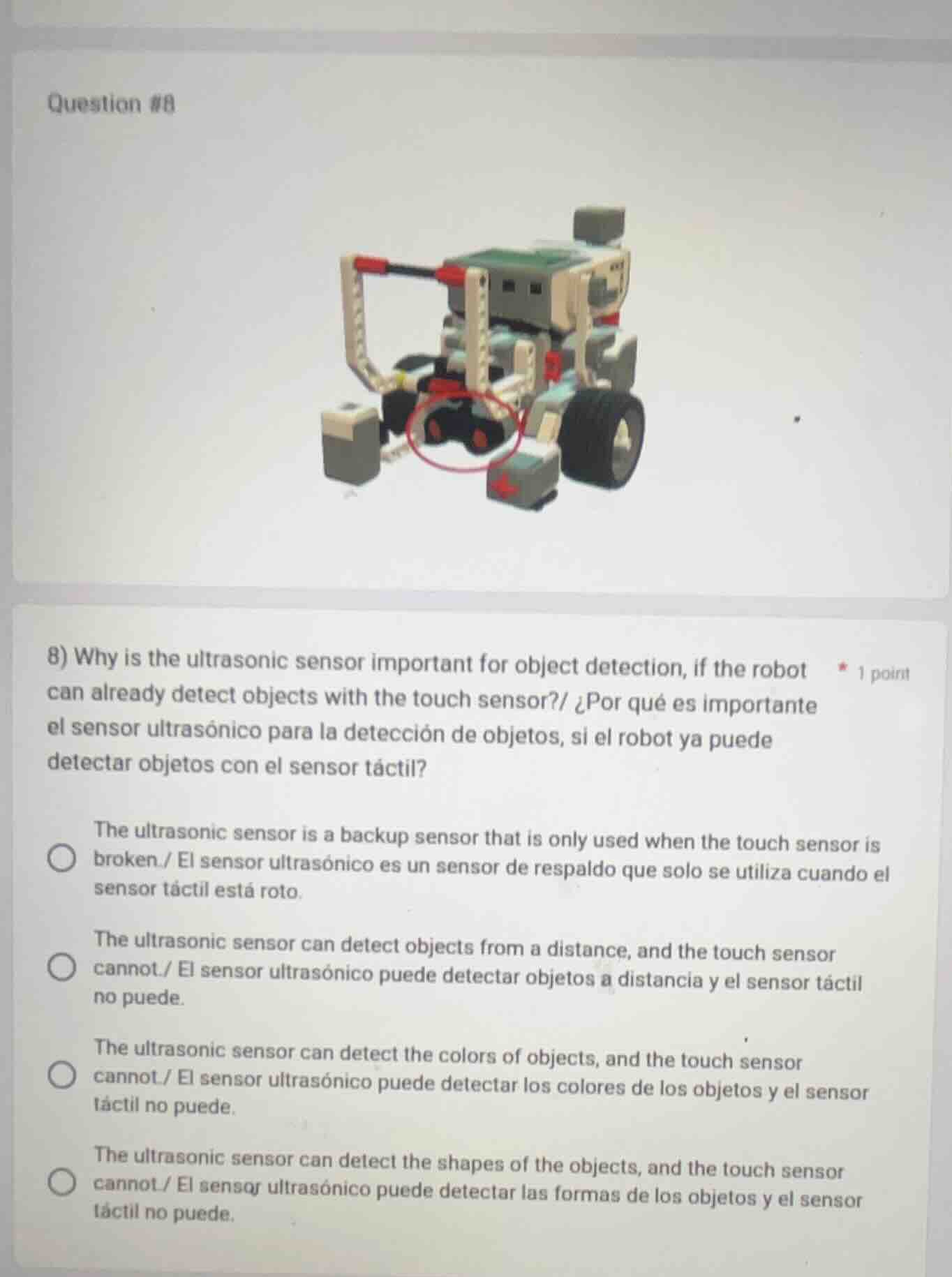question #8 8) why is the ultrasonic sensor important for object detect…