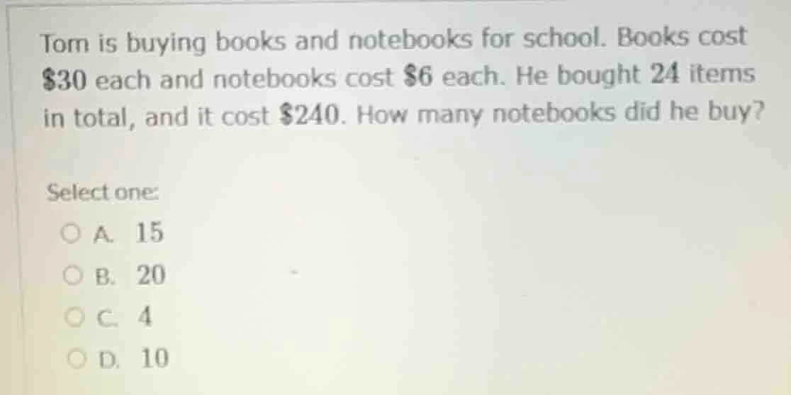 tom is buying books and notebooks for school. books cost $30 each and n…