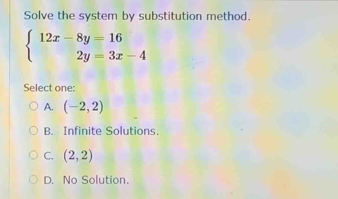 solve the system by substitution method.\\begin{cases} 12x - 8y = 16 \\…