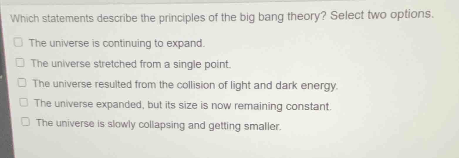 which statements describe the principles of the big bang theory? select…