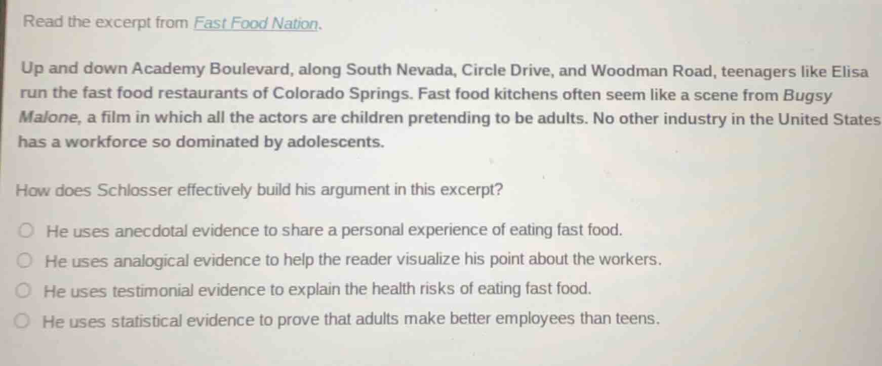 read the excerpt from fast food nation. up and down academy boulevard, …