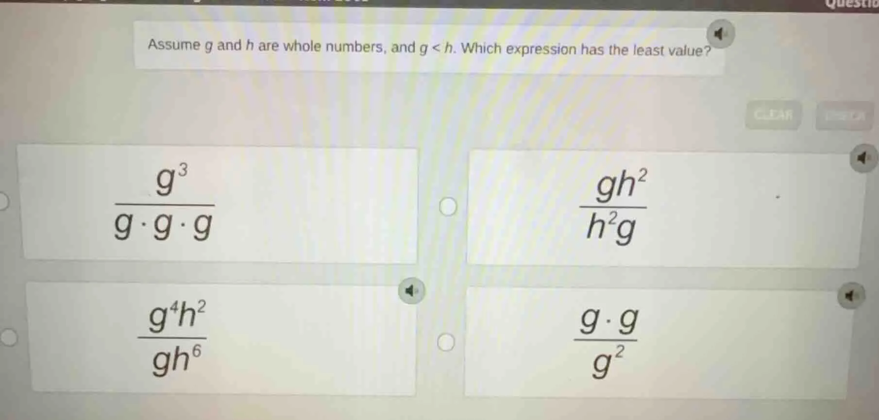 assume g and h are whole numbers, and g < h. which expression has the l…