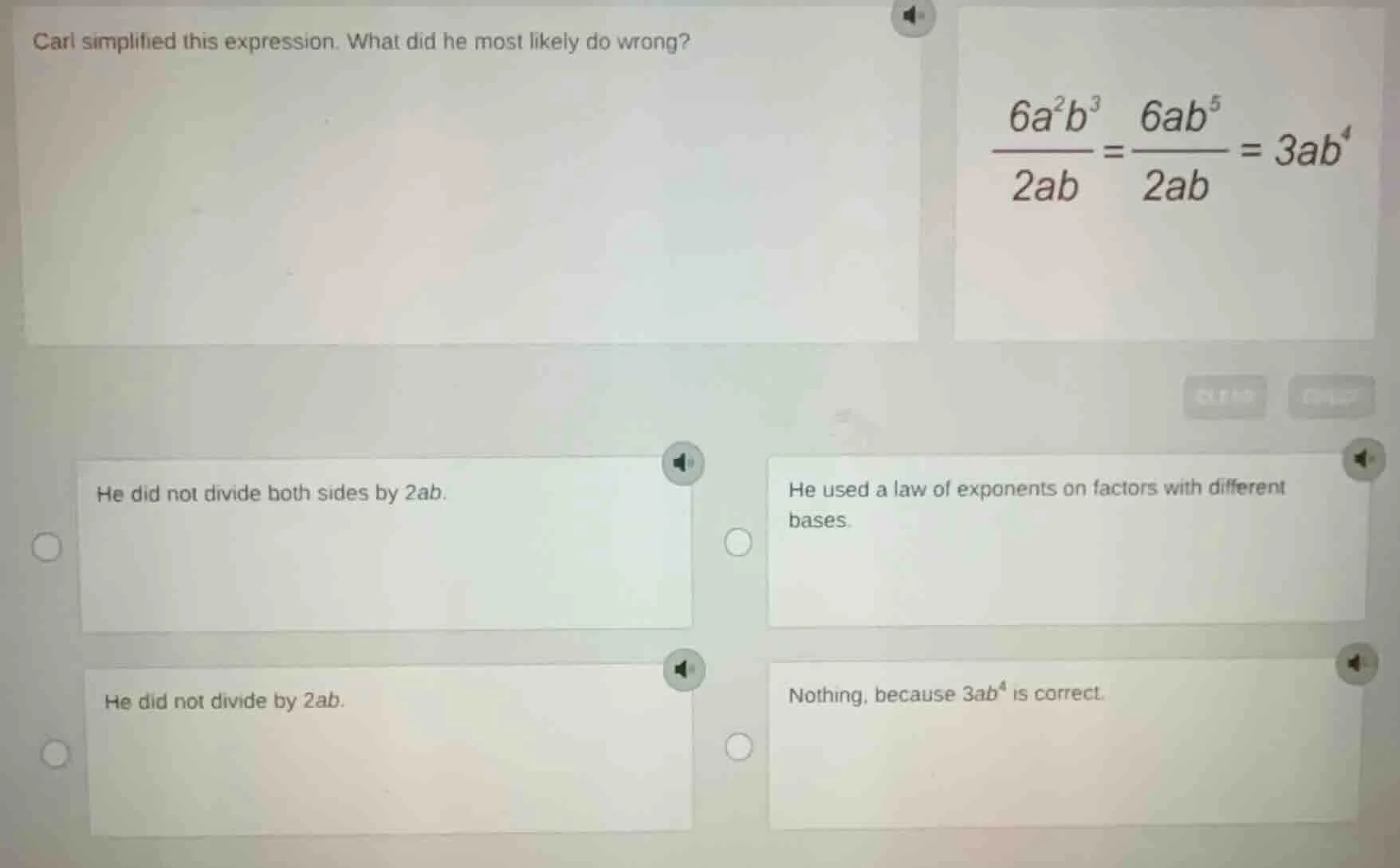 carl simplified this expression. what did he most likely do wrong? \\(\…