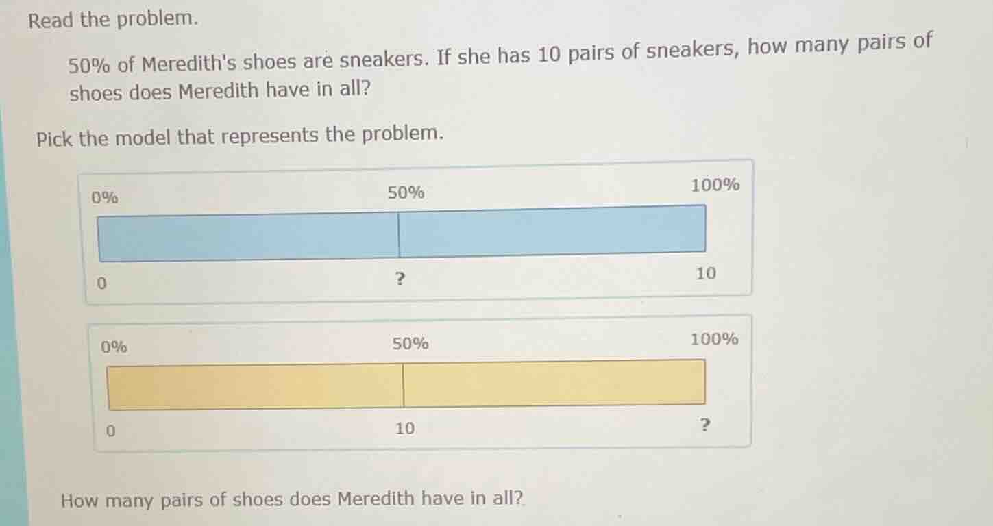 read the problem. 50% of merediths shoes are sneakers. if she has 10 pa…