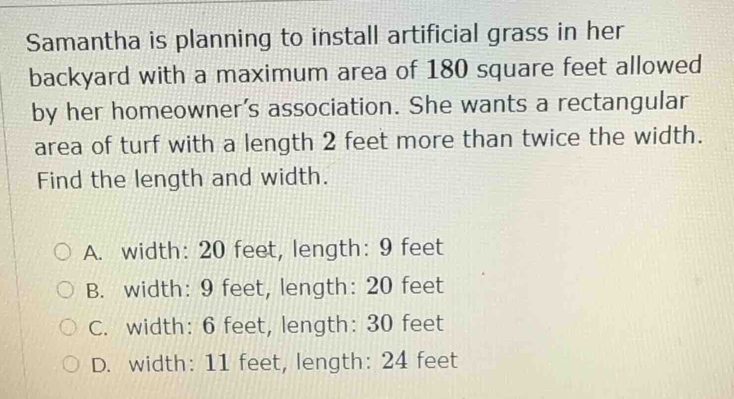 samantha is planning to install artificial grass in her backyard with a…