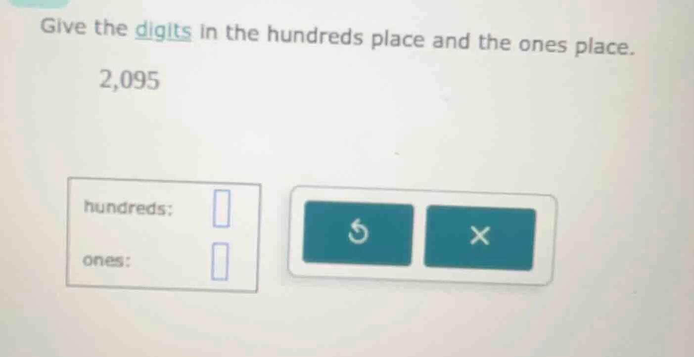 give the digits in the hundreds place and the ones place. 2,095
