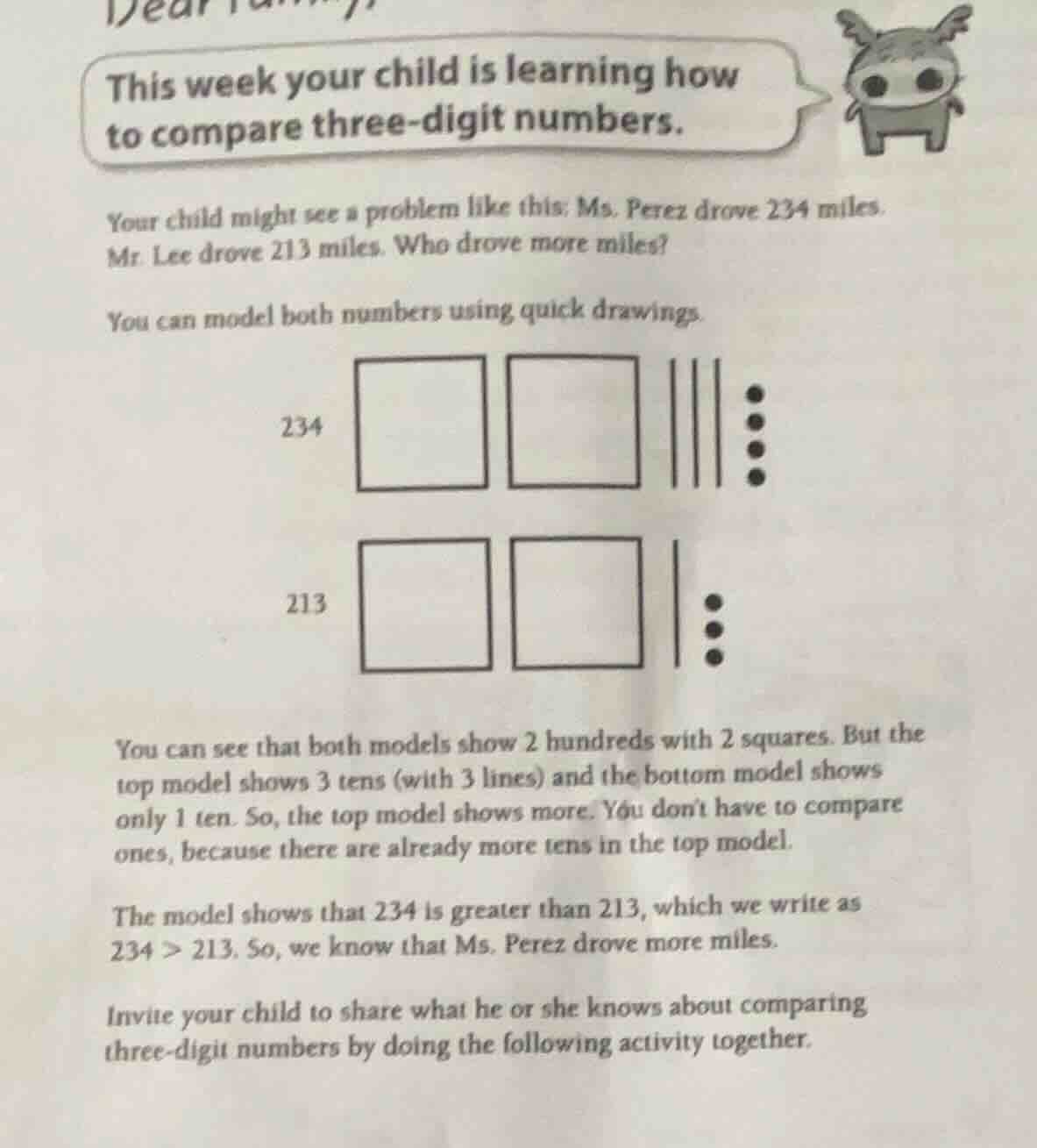 dear... this week your child is learning how to compare three - digit n…