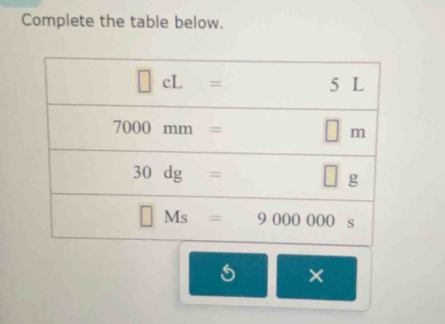 complete the table below. \\boxed{} cl = 5 l 7000 mm = \\boxed{} m 30 d…
