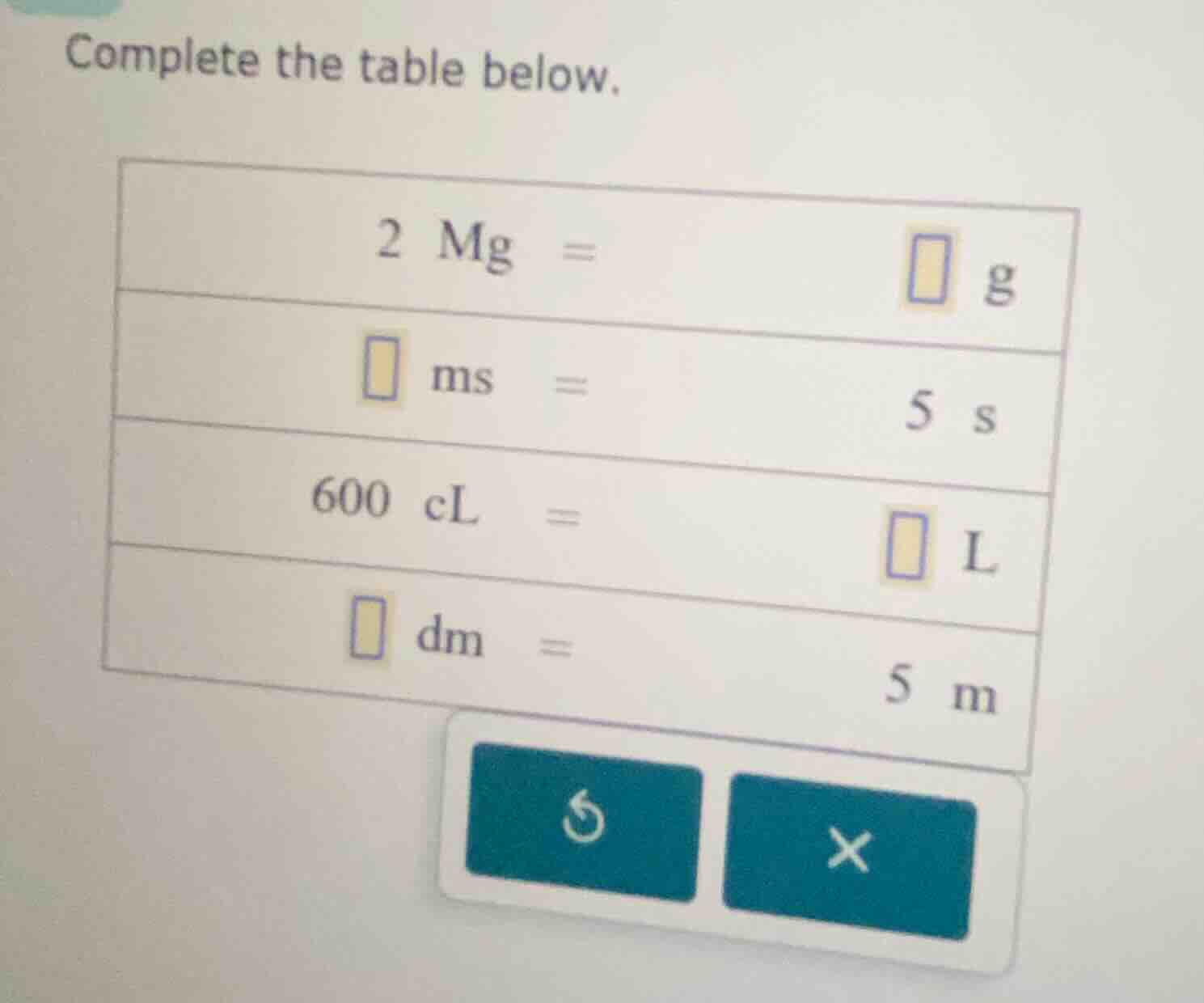 complete the table below. 2 mg = □ g □ ms = 5 s 600 cl = □ l □ dm = 5 m