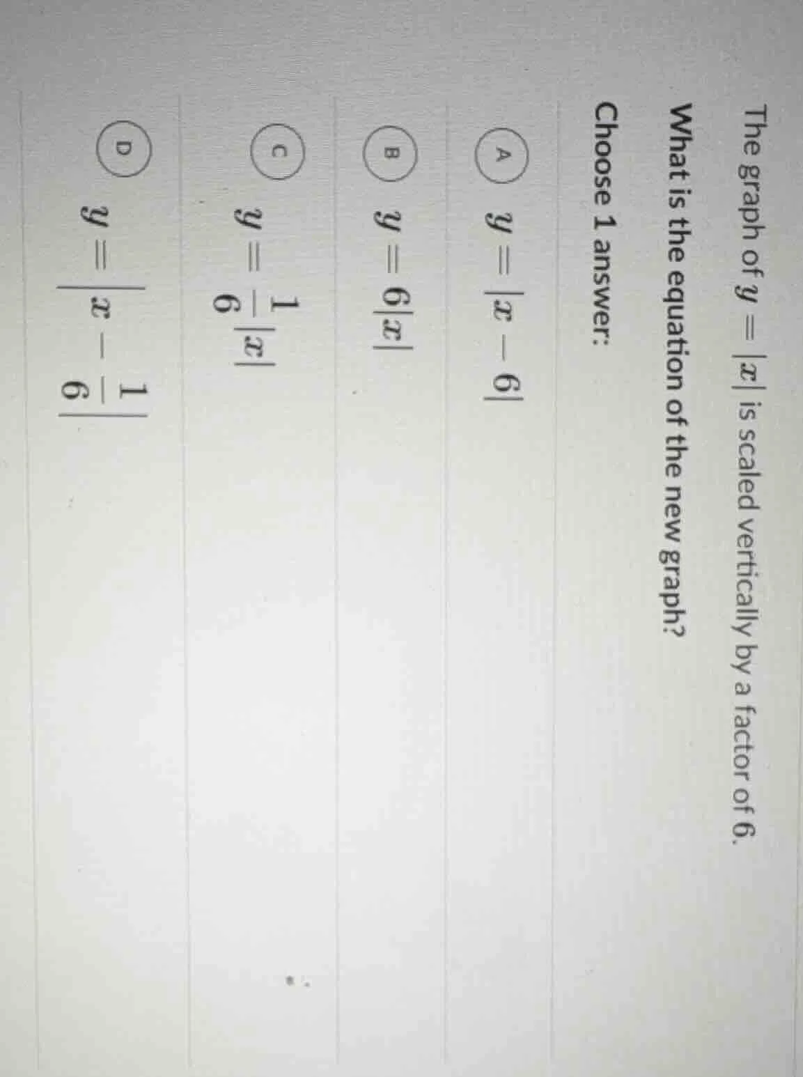 the graph of $y = |x|$ is scaled vertically by a factor of 6. what is t…