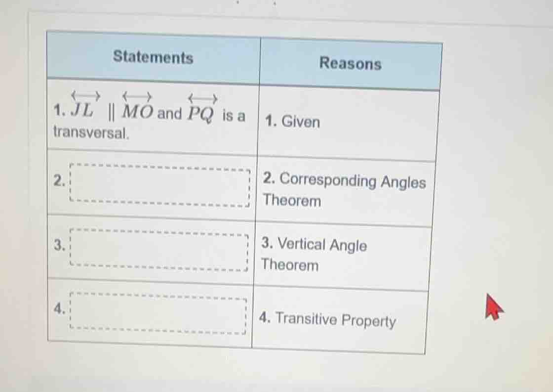 statements reasons 1. \\overleftrightarrow{jl} \\parallel \\overleftrig…