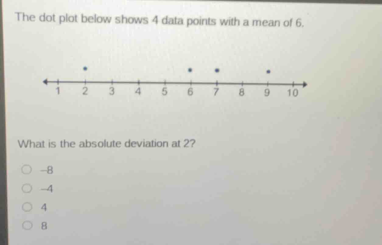 the dot plot below shows 4 data points with a mean of 6. (there is a do…