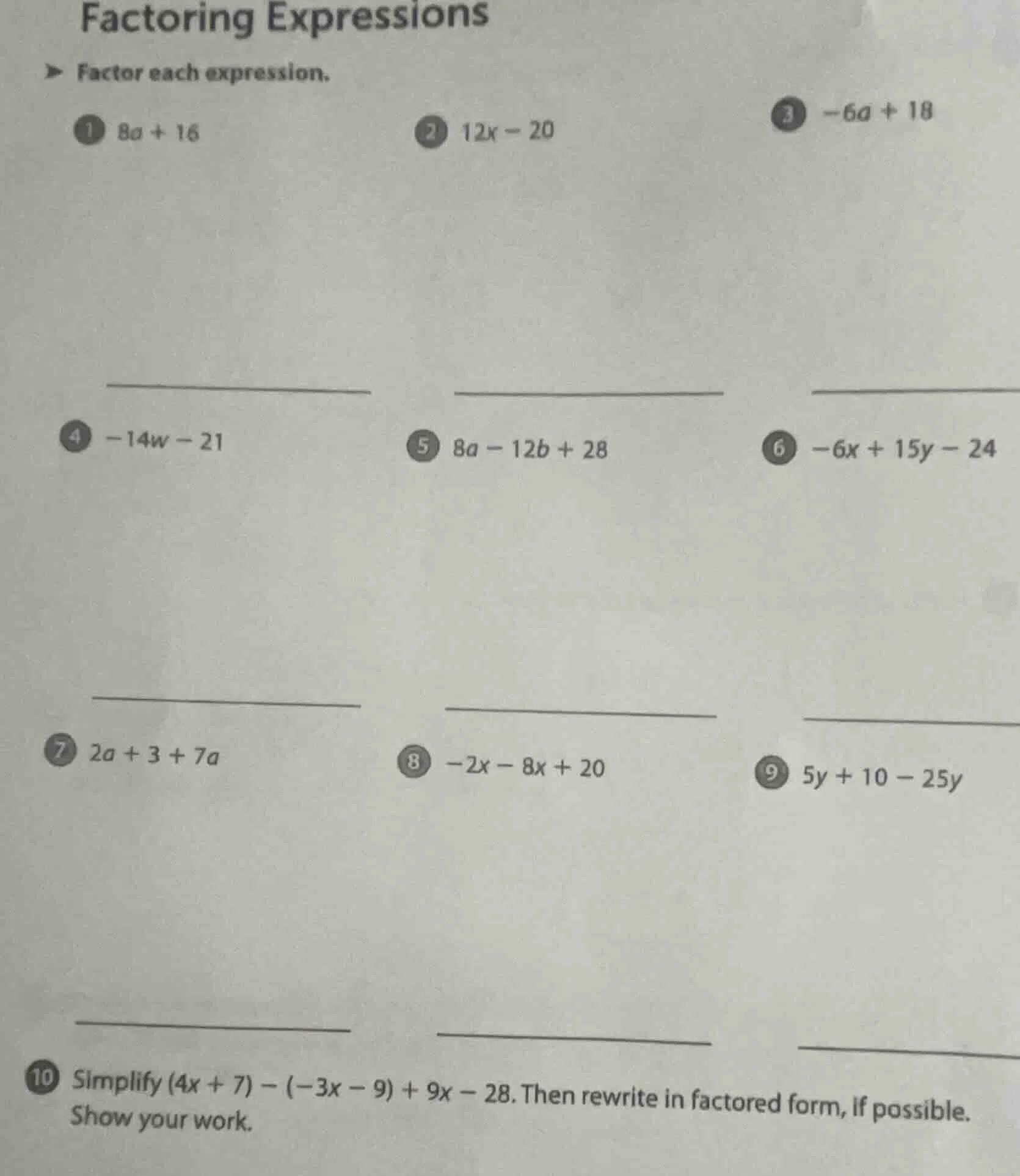 factoring expressions factor each expression. 1 ( 8a + 16 ) 2 ( 12x - 2…