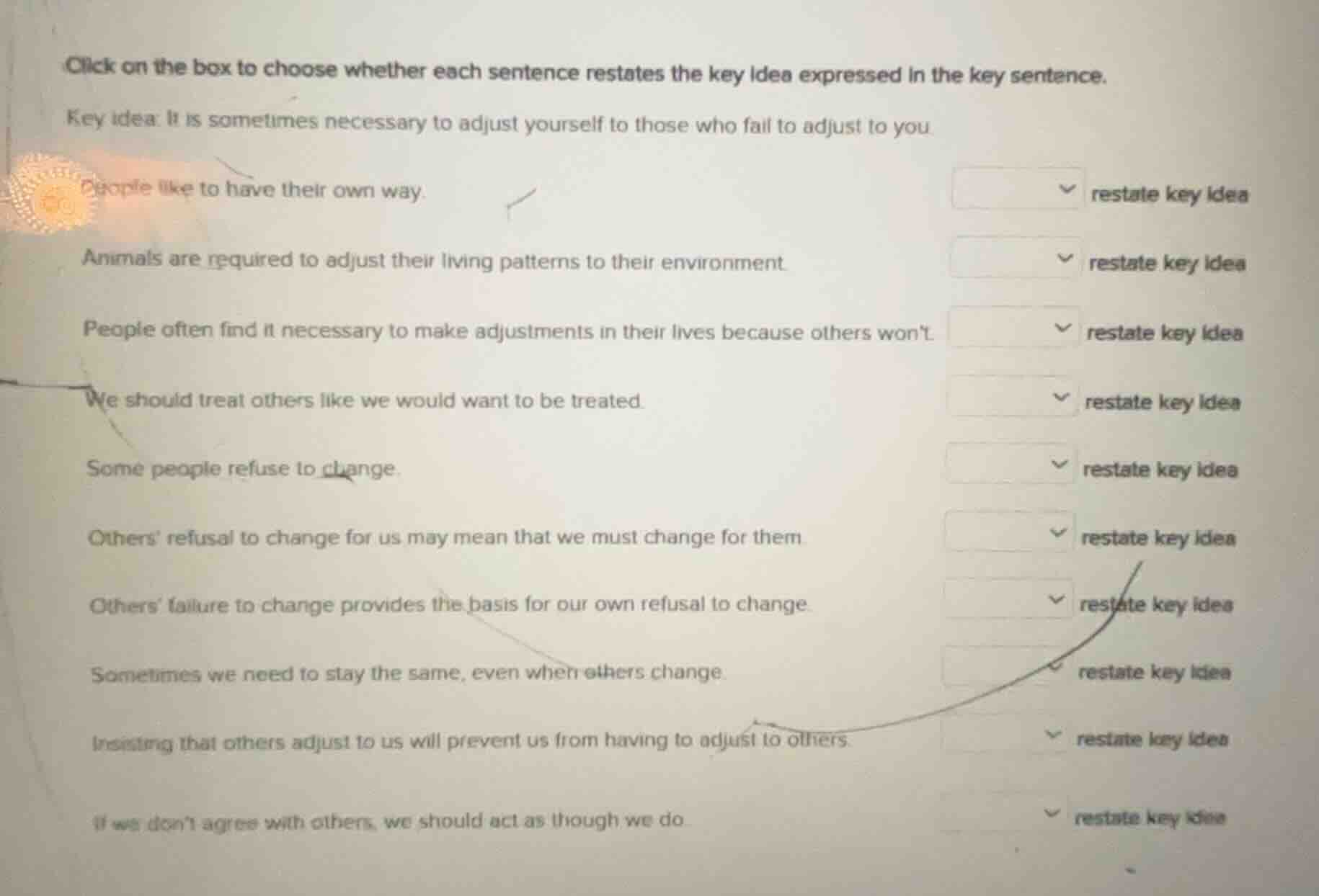 click on the box to choose whether each sentence restates the key idea …