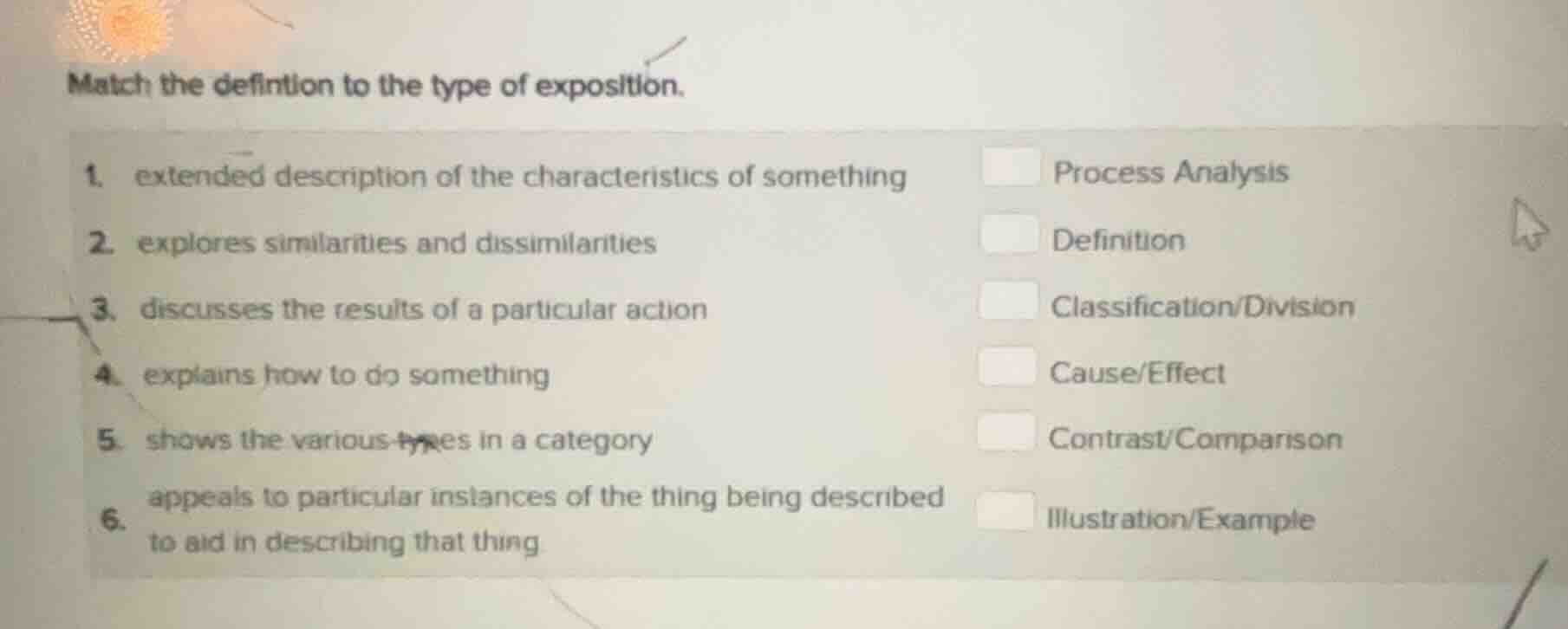 match the definition to the type of exposition. 1. extended description…