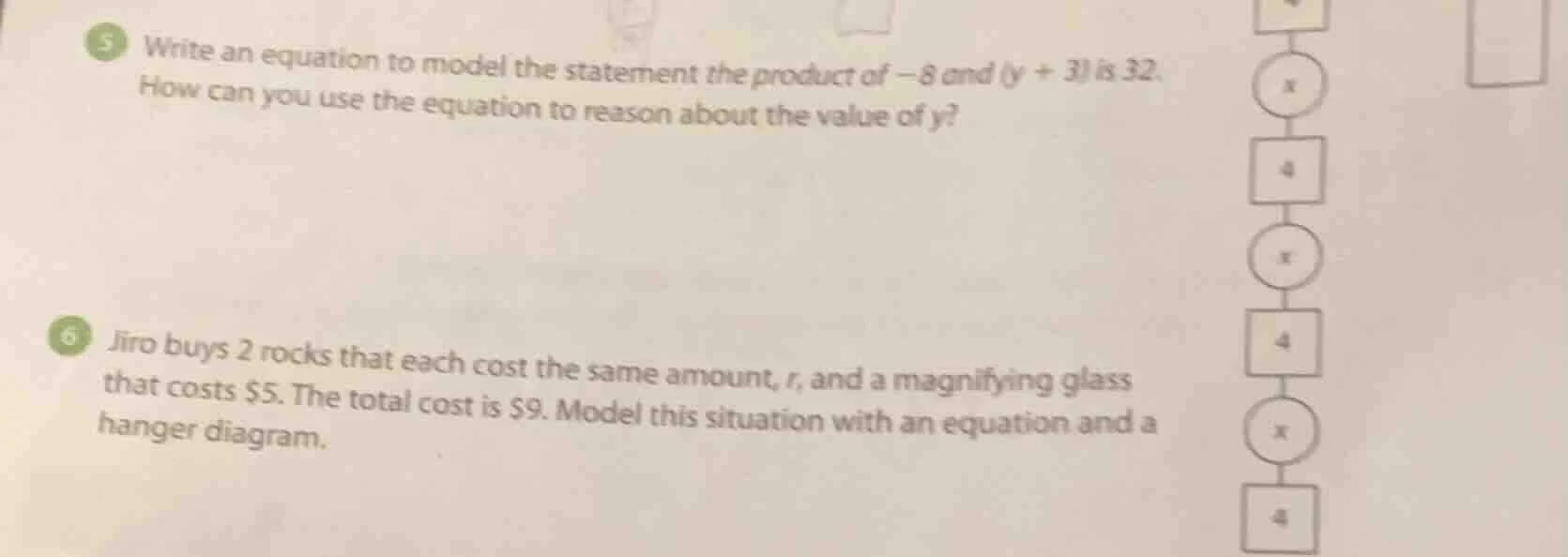 5 write an equation to model the statement the product of -8 and (y + 3…