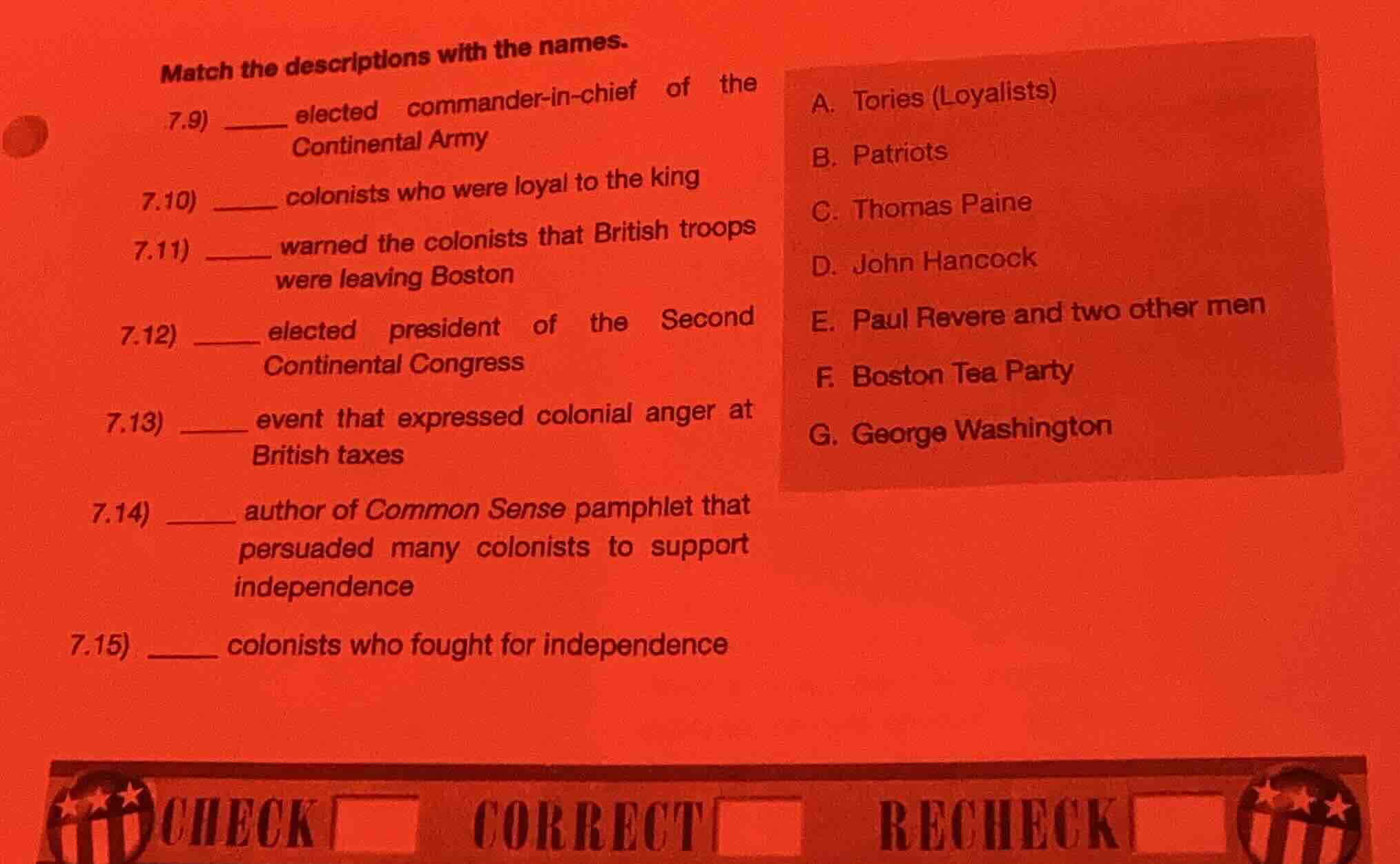 match the descriptions with the names. 7.9) ______ elected commander-in…