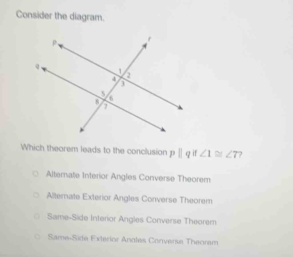 consider the diagram. diagram of two parallel lines p and q cut by a tr…