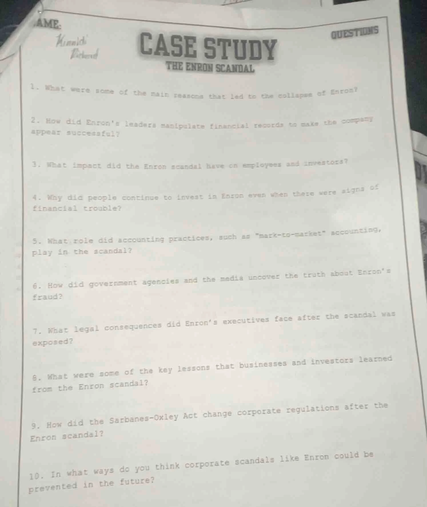 name: kenneth richard case study the enron scandal questions 1. what we…