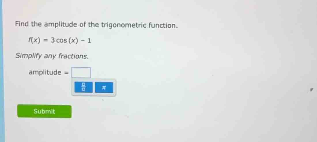 find the amplitude of the trigonometric function. f(x) = 3 cos(x) - 1 s…