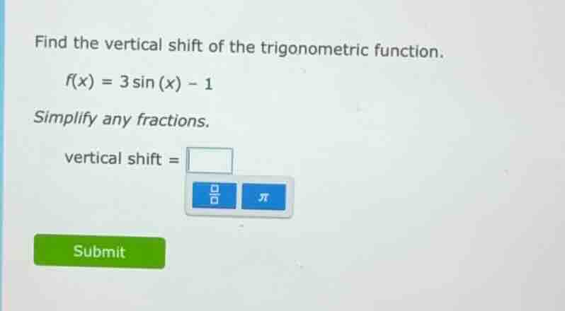 find the vertical shift of the trigonometric function. f(x) = 3 sin(x) …
