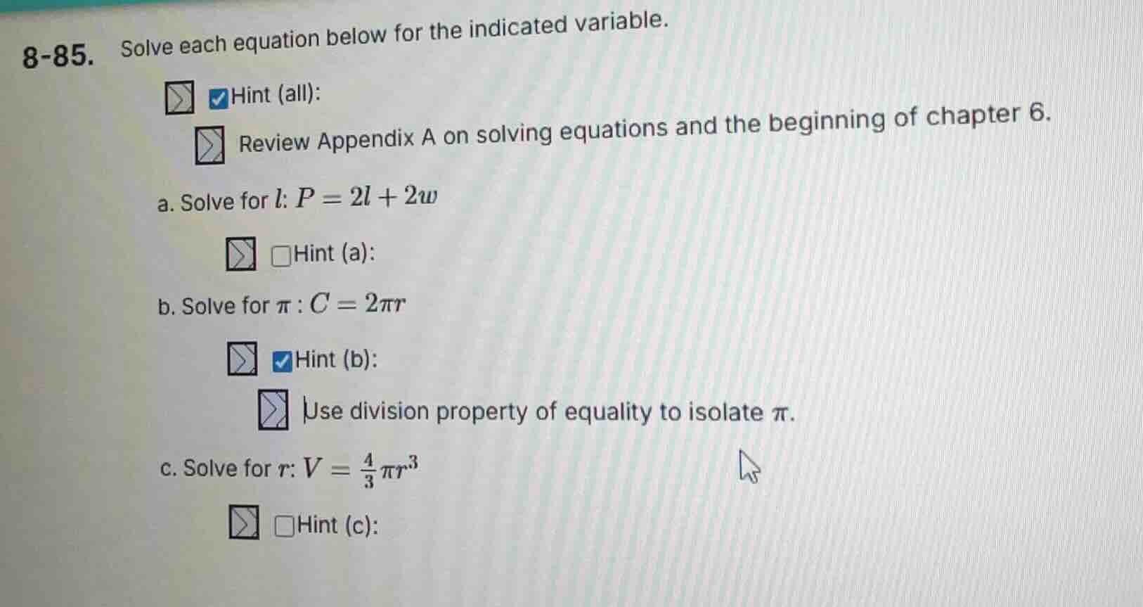 8-85. solve each equation below for the indicated variable. hint (all):…