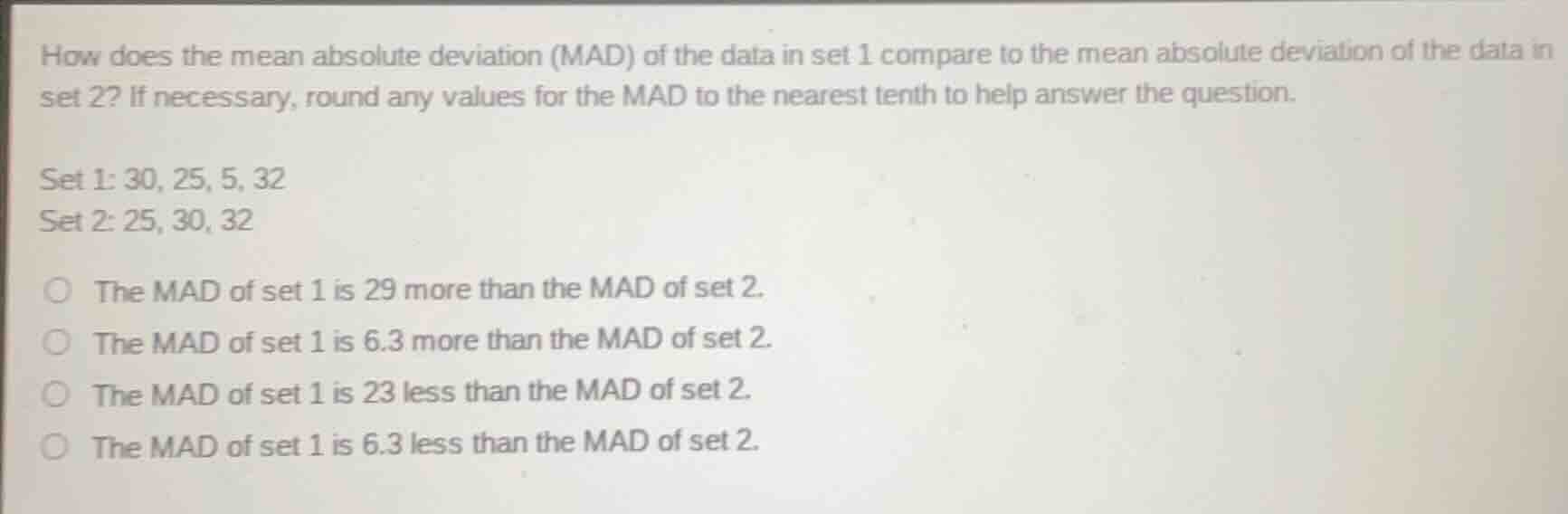 how does the mean absolute deviation (mad) of the data in set 1 compare…