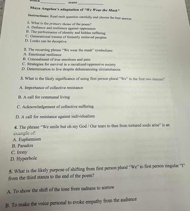 maya angelou’s adaptation of “we wear the mask” instructions: read each…