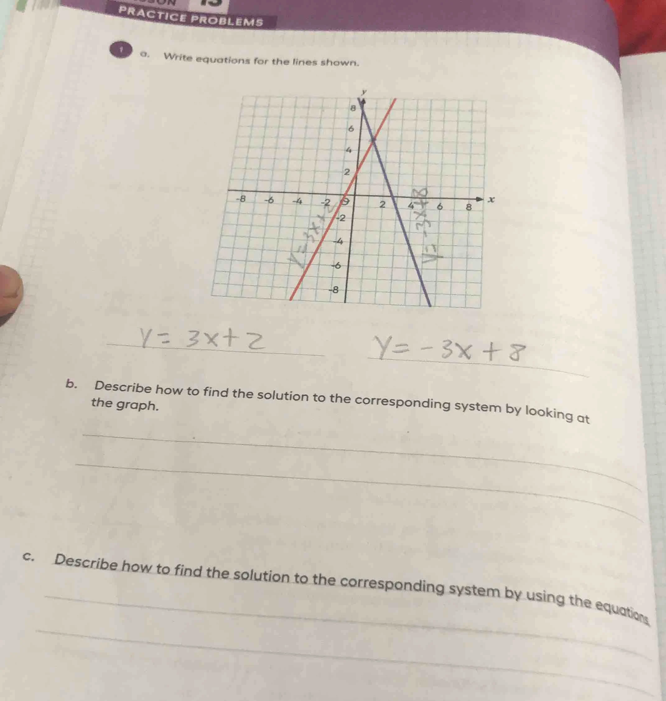 practice problems 1 a. write equations for the lines shown. b. describe…