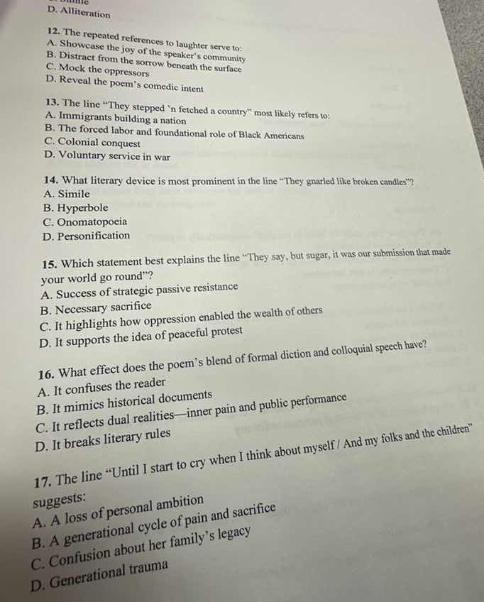 12. the repeated references to laughter serve to: a. showcase the joy o…